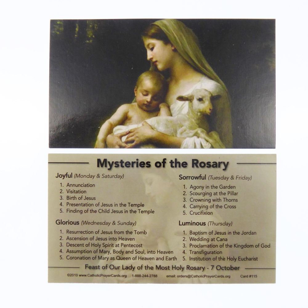 Mysteries of the Rosary Our Lady Catholic prayer card Joyful Glorious Sorro