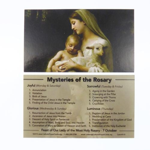 Mysteries of the Rosary Our Lady Catholic prayer card Joyful Glorious Sorro