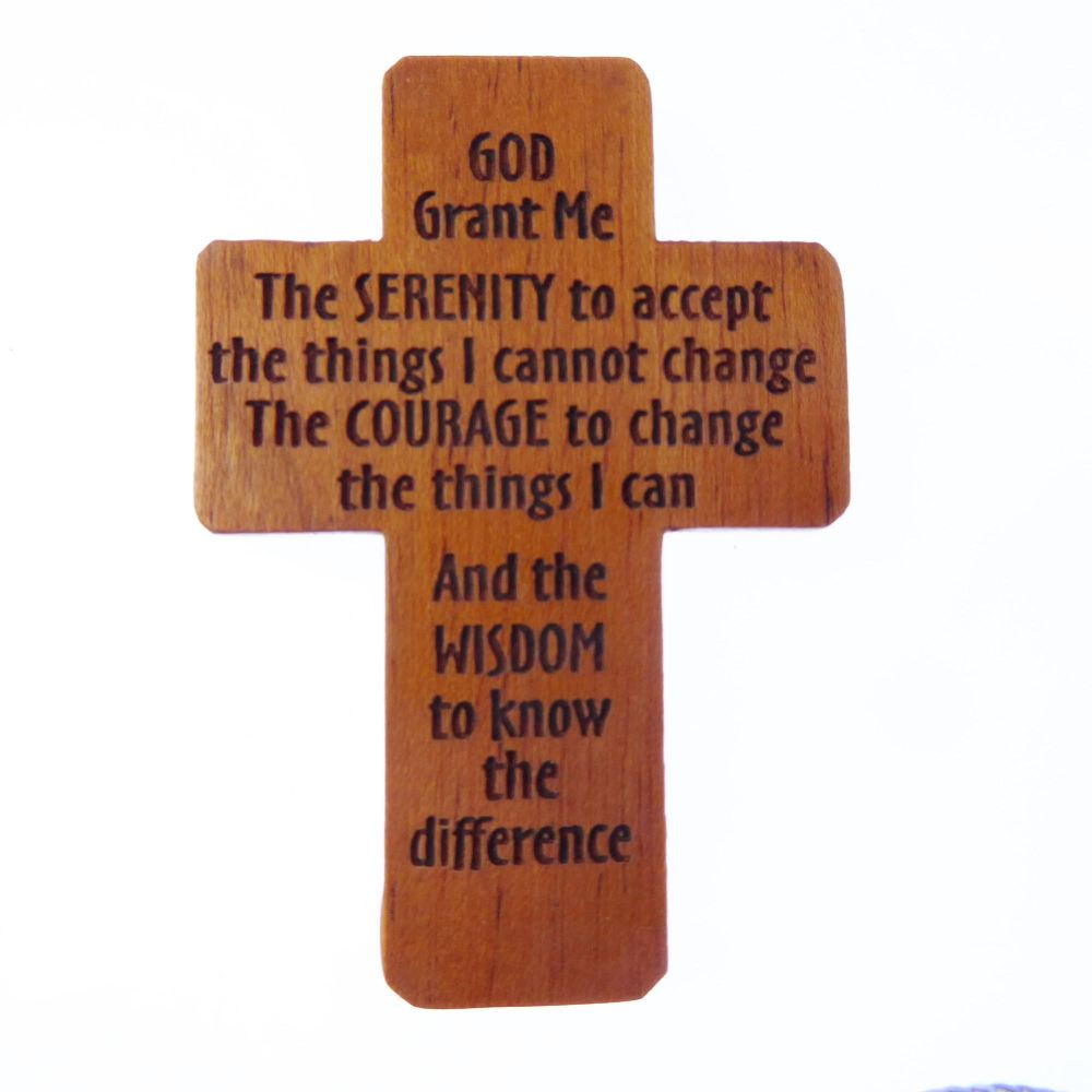 Serenity Prayer brown wooden 5cm pocket crucifix Christian gift lasered cro