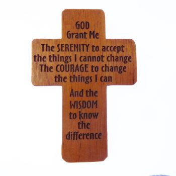 Serenity Prayer brown wooden 5cm pocket crucifix Christian gift lasered cross