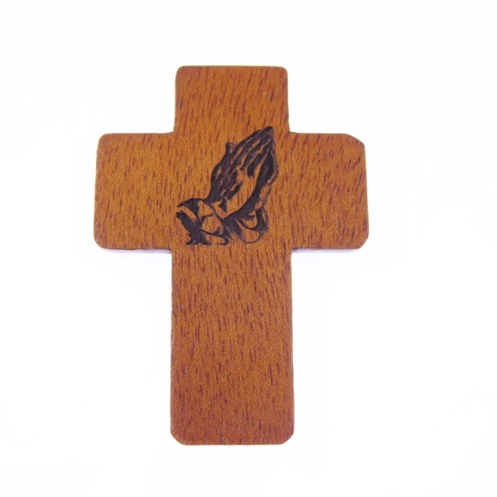 Praying hands image brown wooden 5cm pocket crucifix Christian gift lasered