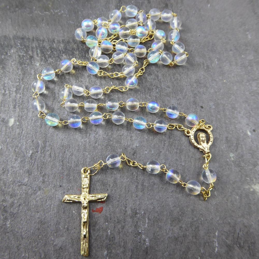 Round clear iridescent glass rosary beads 45cm gold chain center crucifix 6