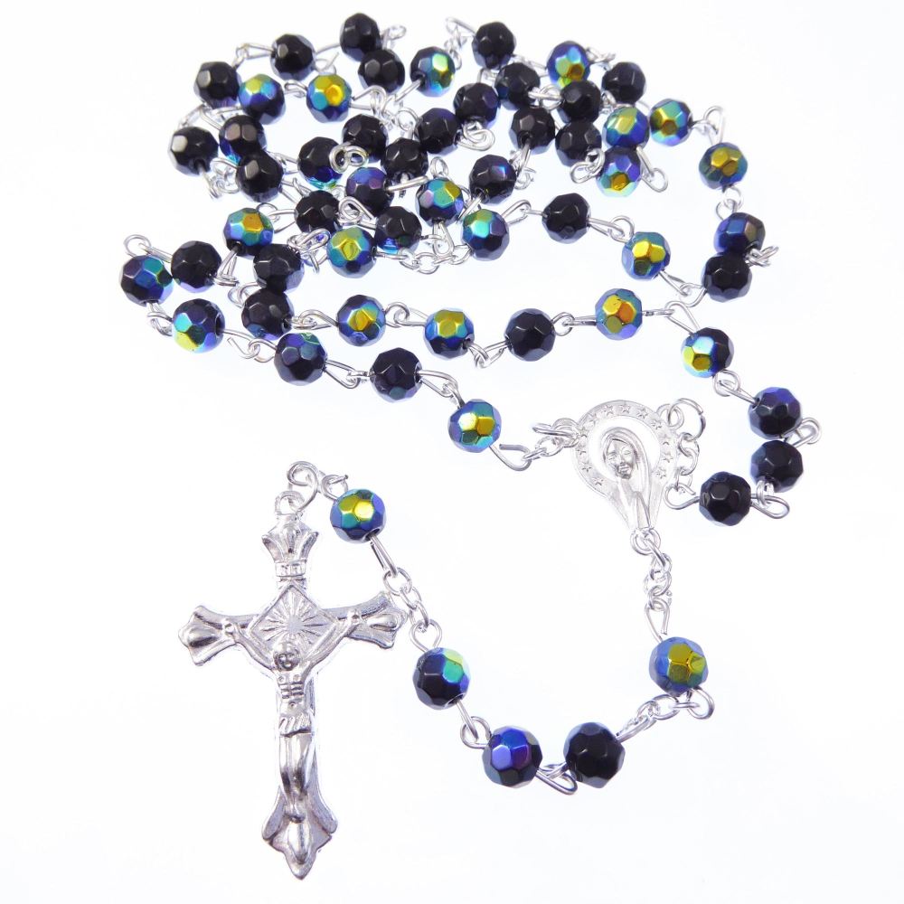 Iridescent long black glass rosary beads silver metal crucifix