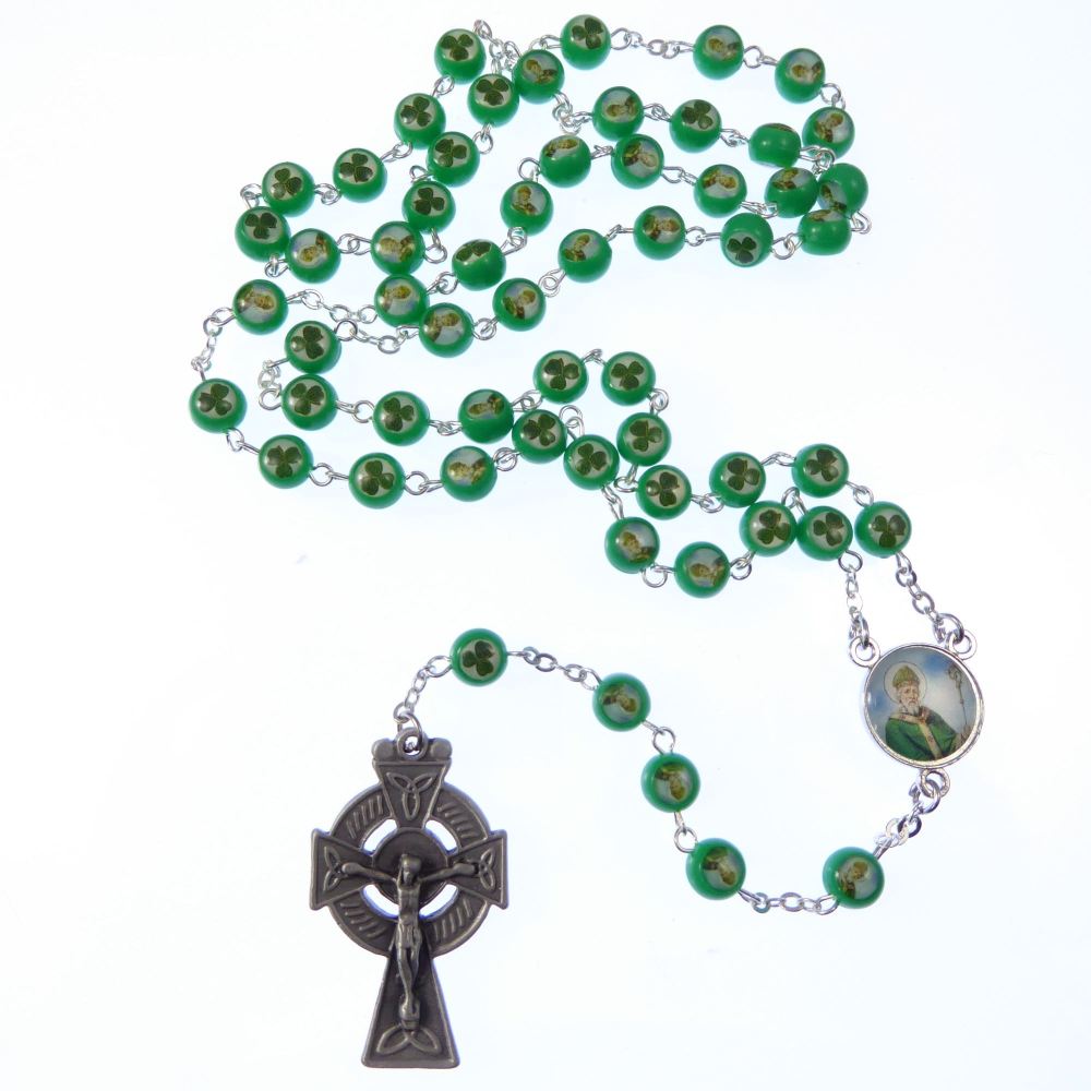 Bright green Irish St. Patrick rosary beads shamrock silver celtic crucifix