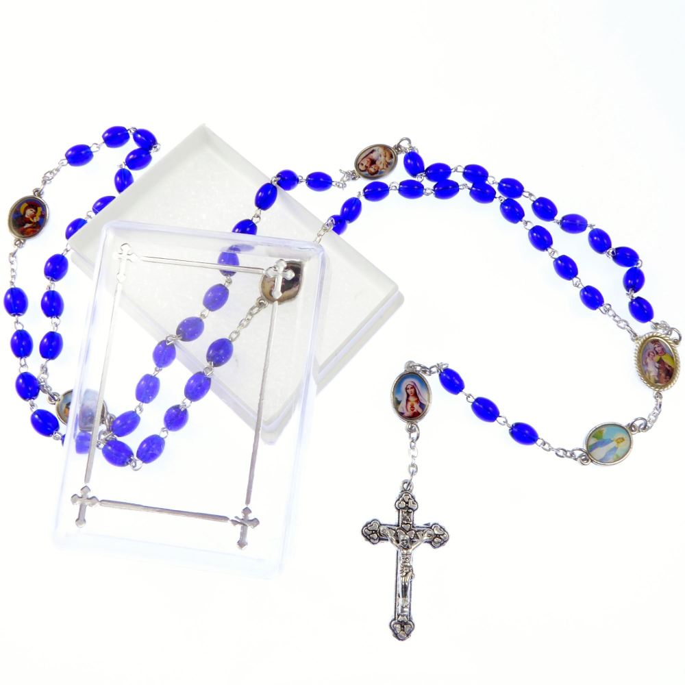 Catholic dark blue glass rosary beads necklace in box images of Our Lady pa