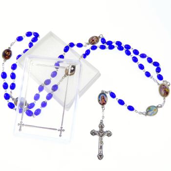 Catholic dark blue glass rosary beads necklace in box images of Our Lady paters