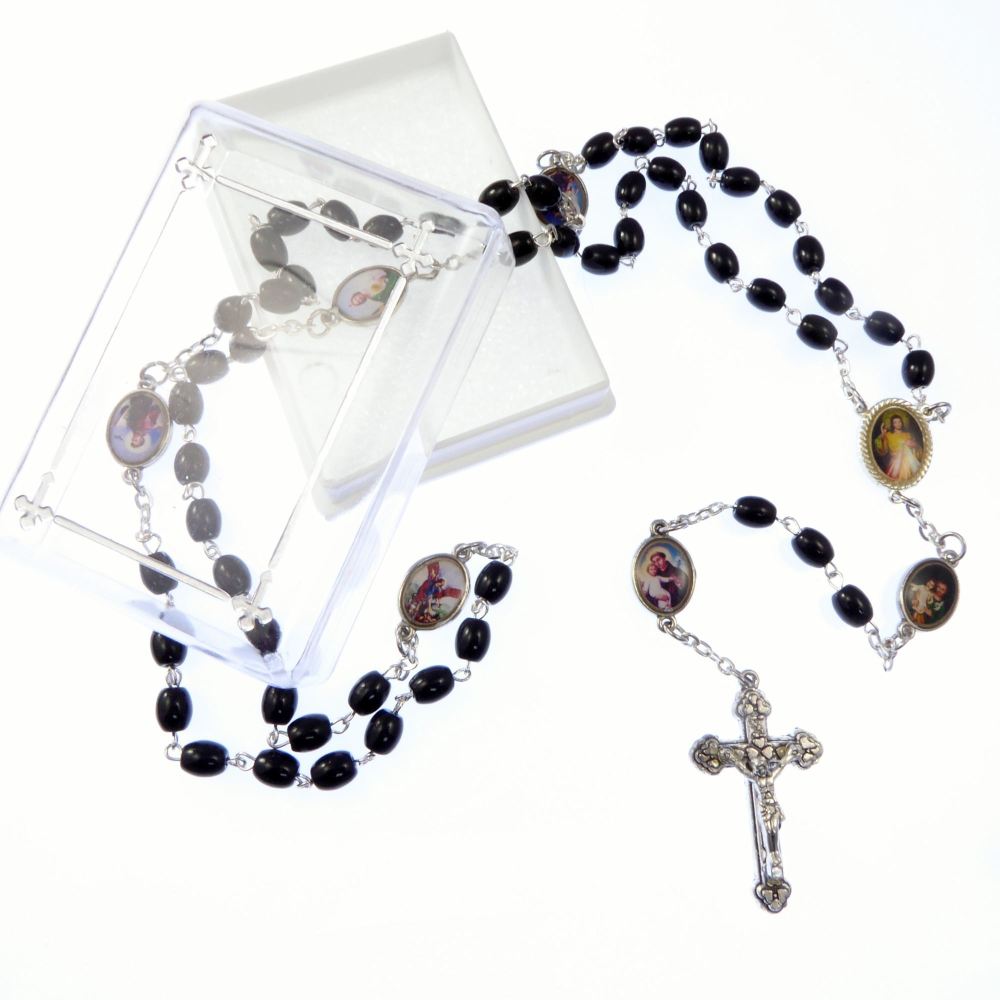 Catholic black glass rosary beads necklace in box Divine Mercy + male saint