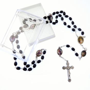 Catholic black glass rosary beads necklace in box Divine Mercy + male saints