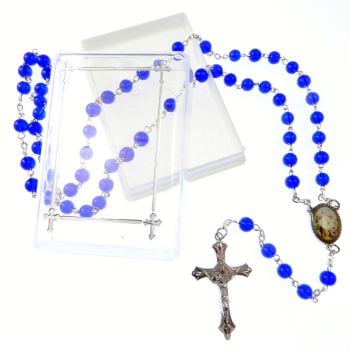 Catholic dark blue glass Our Lady of Knock rosary beads necklace in box