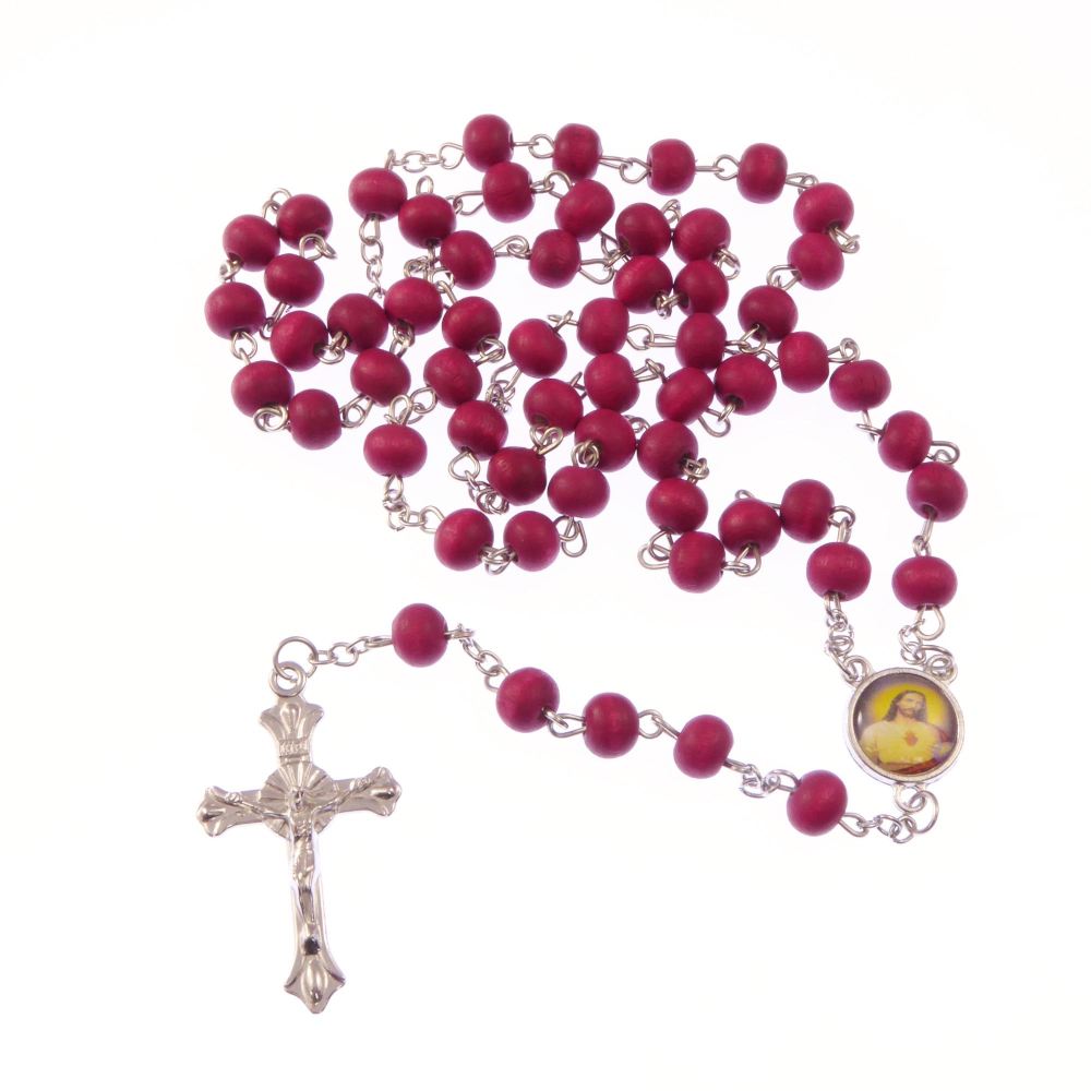 Wooden red long silver metal rosary beads necklace