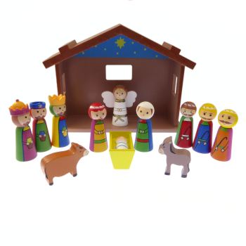 Children's Christmas Nativity scene set ornament wood shed