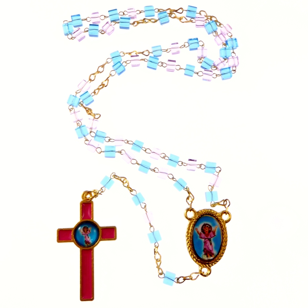 Pink and blue glass Divine Child rosary beads