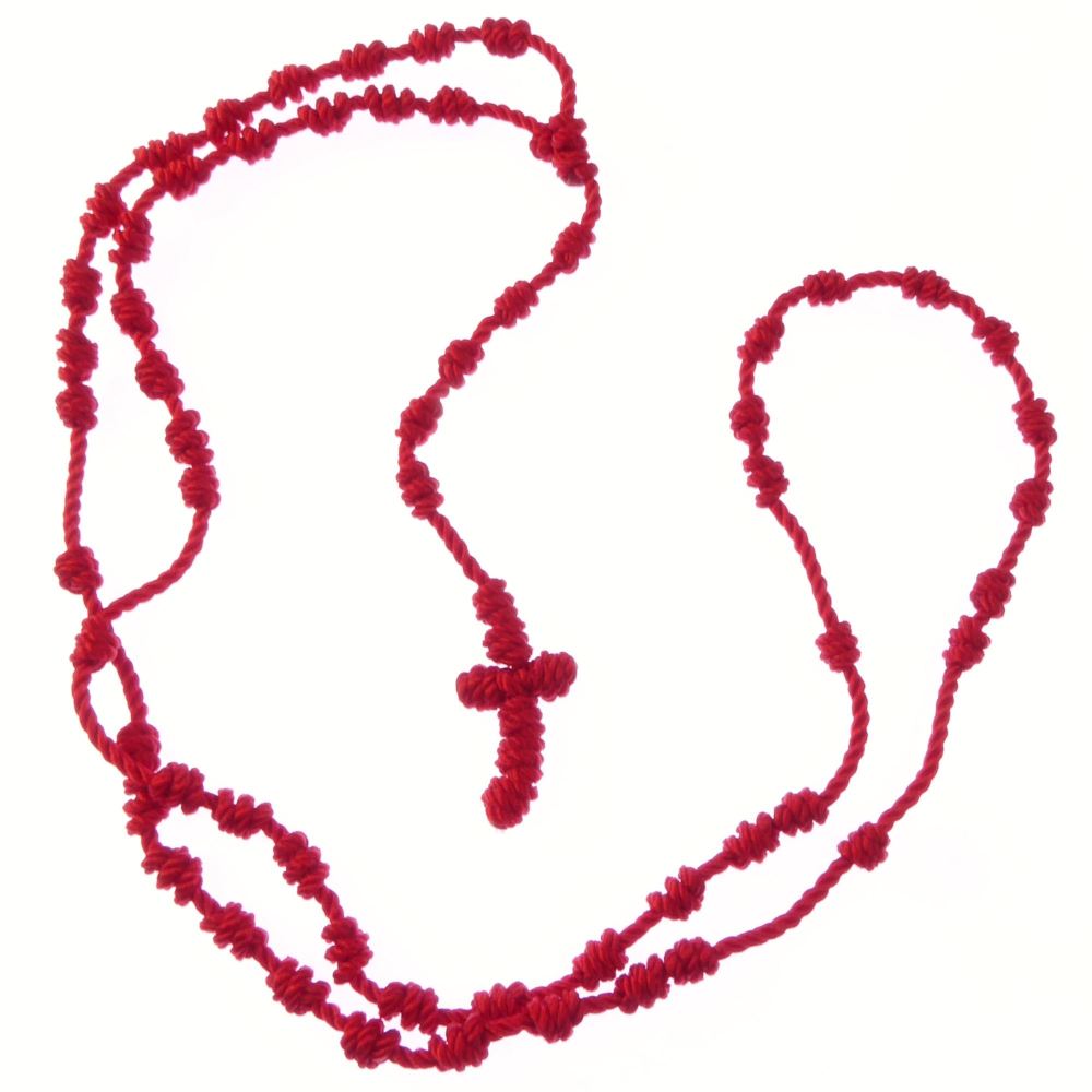 Red knotted cord rosary beads necklace