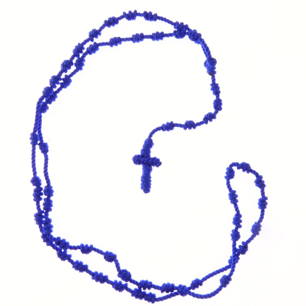 Blue knotted cord rosary beads necklace
