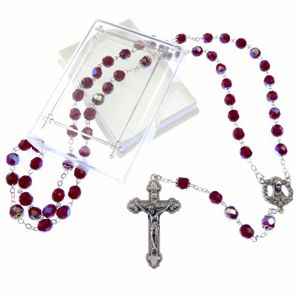 Red garnet colour glass extra strong iridescent rosary beads
