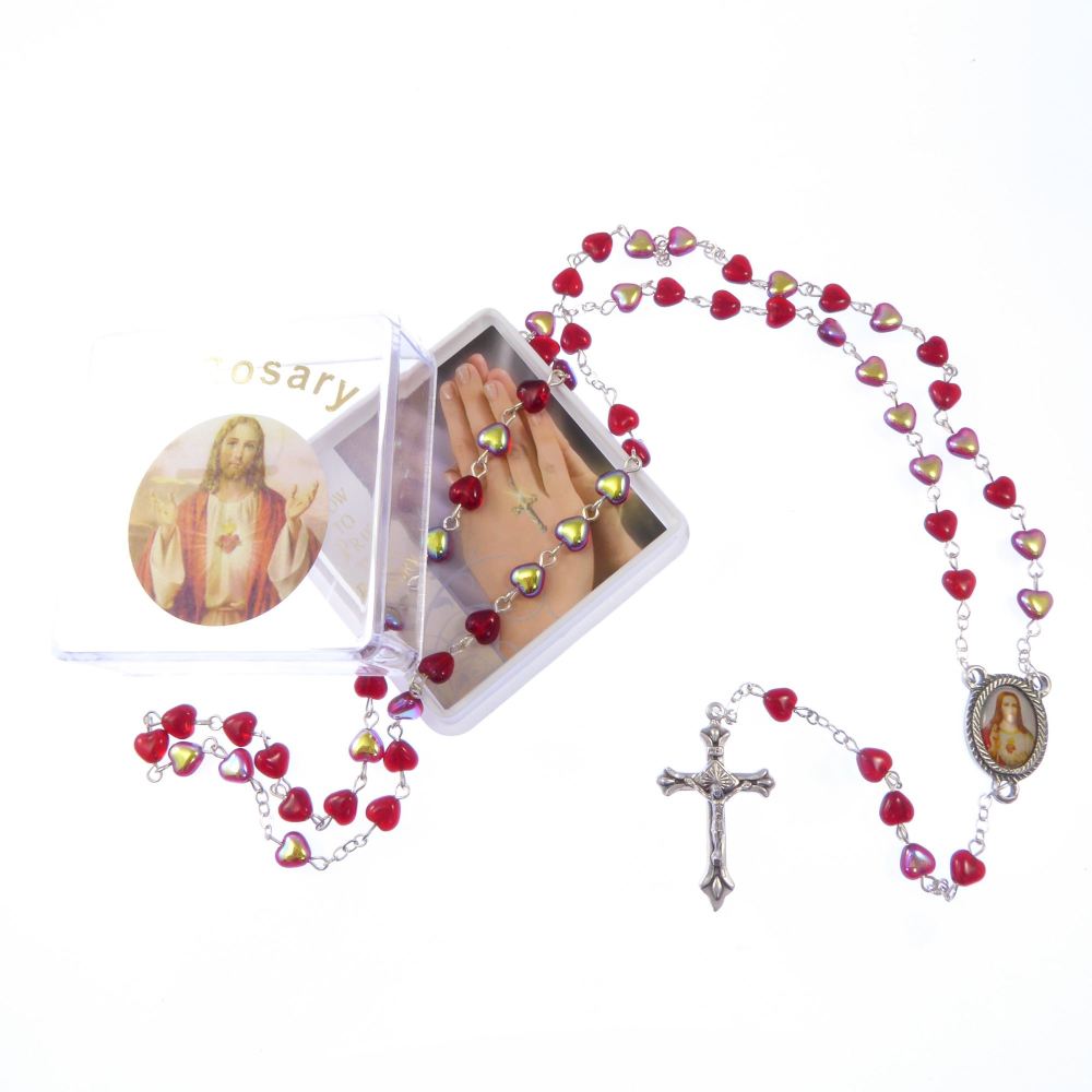 Red glass heart Sacred Heart Jesus rosary beads