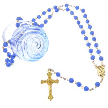 Rose flower box Our Lady of Lourdes blue rosary beads gold chain