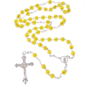 Yellow Catholic rosary beads necklace - silver tone metal