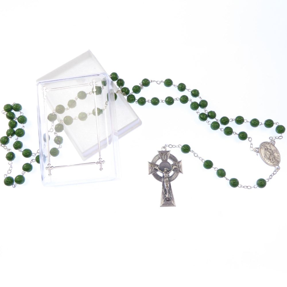 Irish green rosary beads with shamrock imprint and celtic cross
