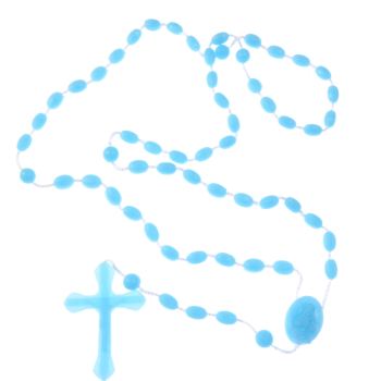 Bright blue plastic rosary beads necklace
