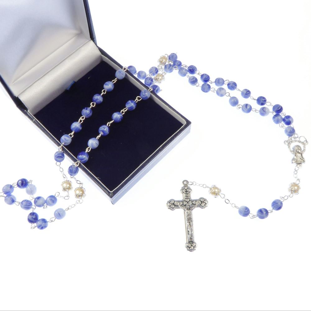 Gift boxed blue marble effect and pearl rosary beads