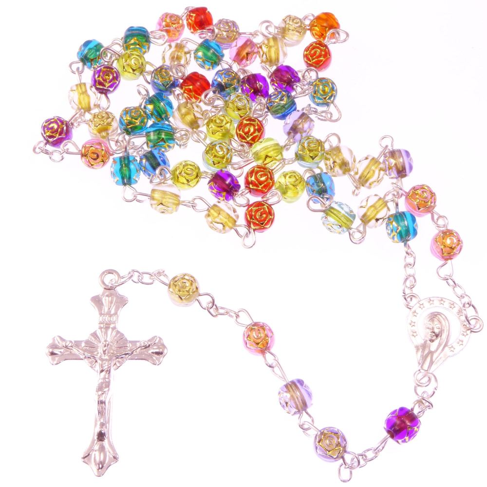 Christian rainbow flower multi-coloured rosary beads
