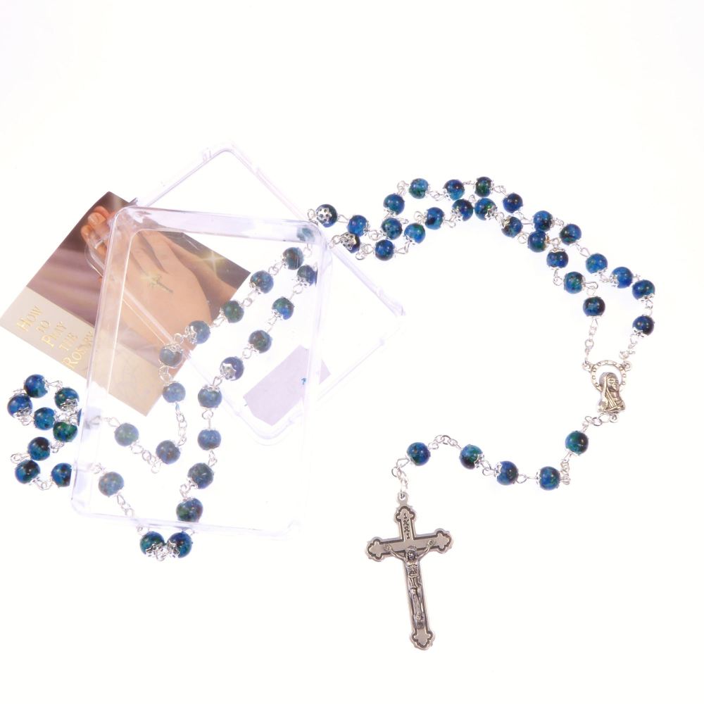 Blue glass marble effect capped rosary beads in box Catholic INRI crucifix