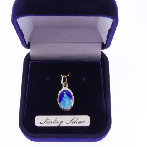 Sterling silver Miraculous Mary medal in velvet gift boxed 17mm blue