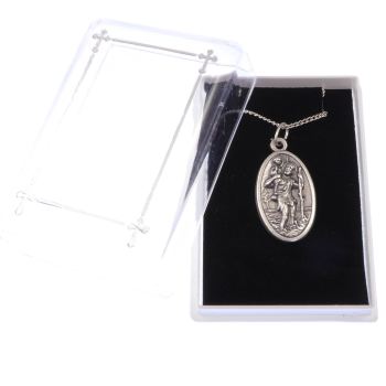 Silver plated St. Christopher gift boxed medal necklace 35mm