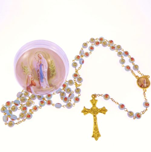 Blue rose flower Our Lady of Lourdes rosary beads in box
