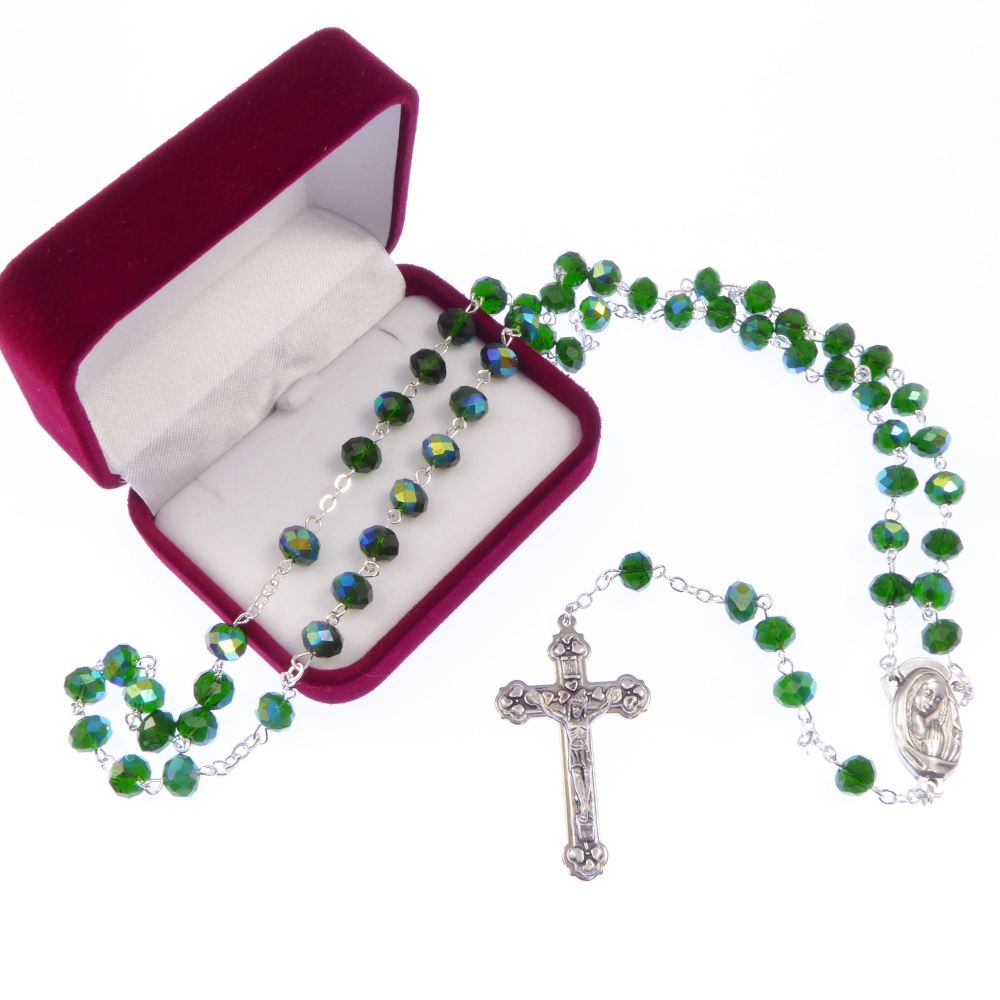 Long emerald green iridescent glass rosary beads our lady center Catholic i