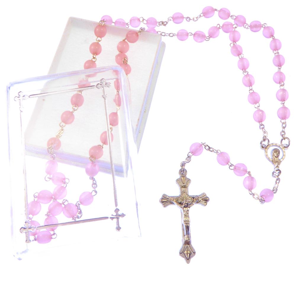 Pink pearl gift boxed rosary beads with silver crucifix