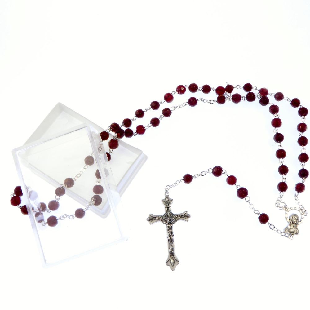 Glass faceted birthstone rosary beads January red garnet colour