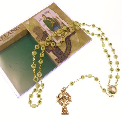 Luminous St. Patrick Irish glow in the dark shamrock clover rosary beads go