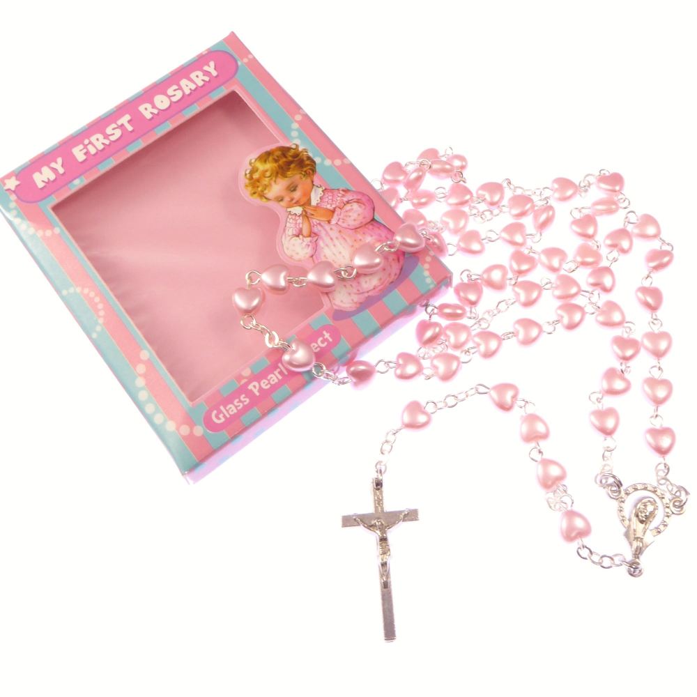 My 1st rosary childs girl pink resin heart small rosary beads fab Communion