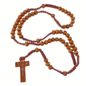 Wooden light brown long cord rosary beads necklace