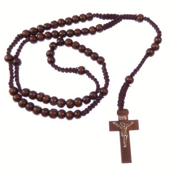 Wooden dark brown long cord rosary beads necklace