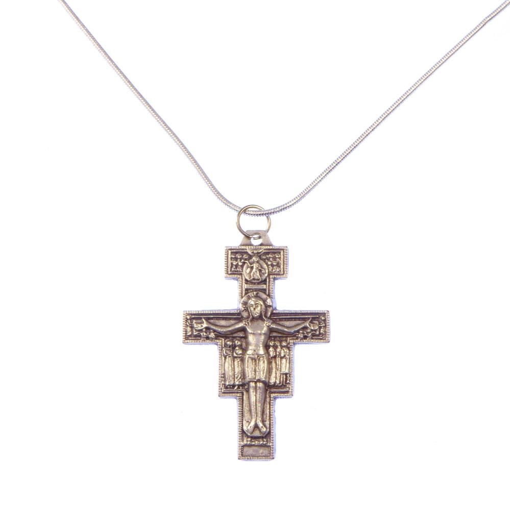 Silver plated San Damiano crucifix cross necklace