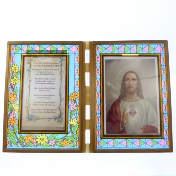 Stained glass double frame with Consecration to the Sacred Heart & image 18cm