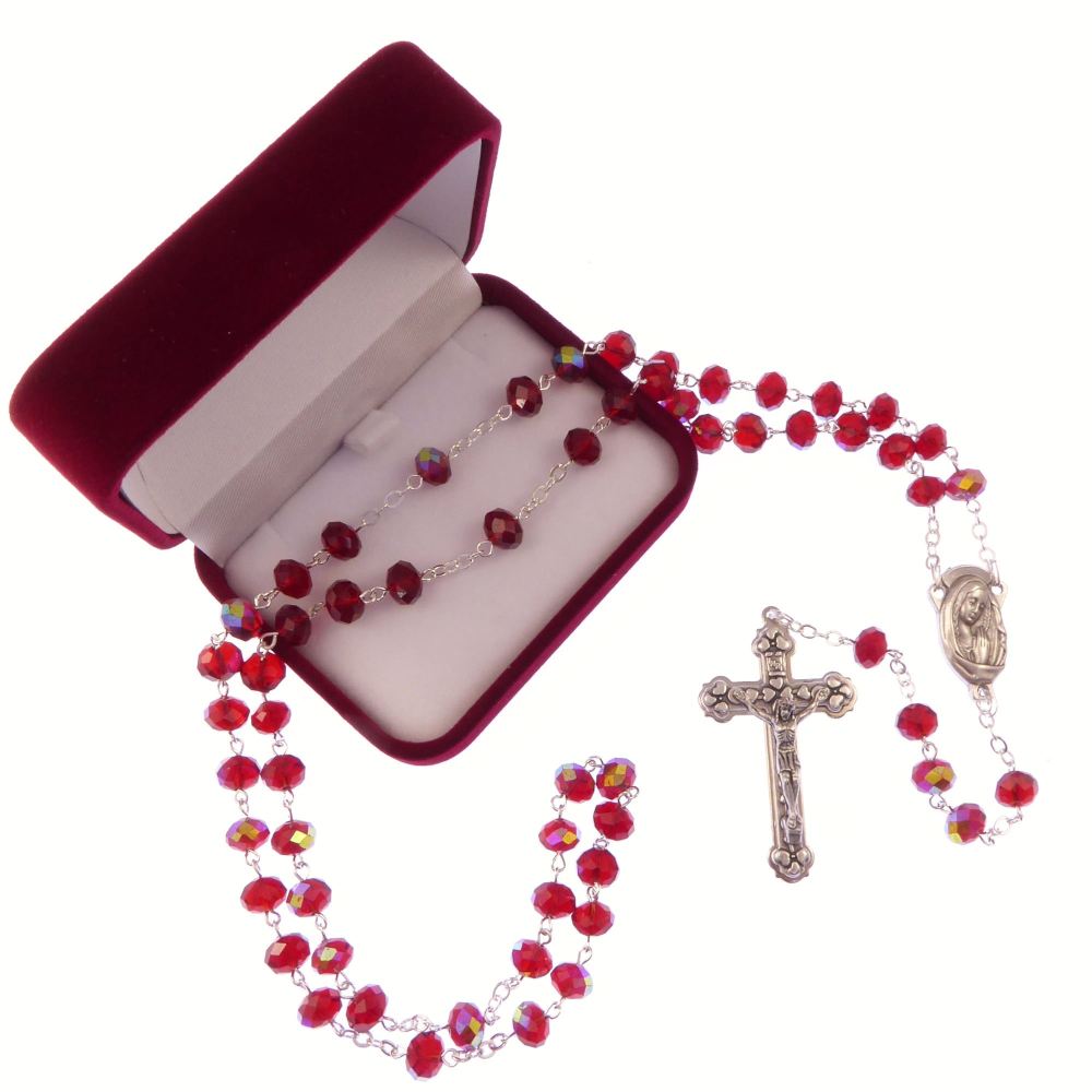 Long bright red iridescent glass rosary beads our lady center Catholic in b