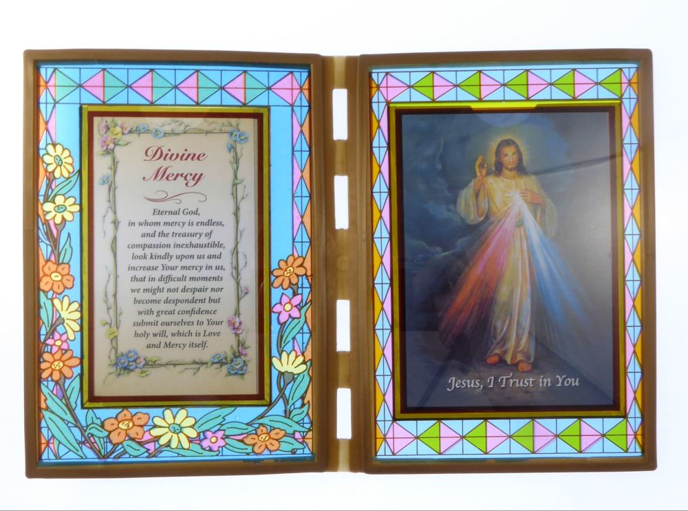 Stained glass double frame with prayer and Divine Mercy image 18cm