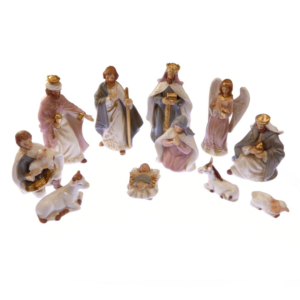 Beautiful glazed porcelain Christmas Nativity set scene 11 figures 5