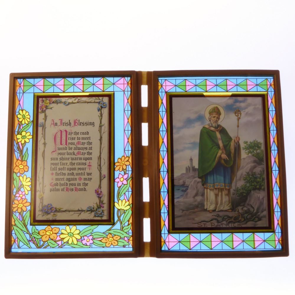 Stained glass double frame with Irish Blessing and St. Patrick image 18cm