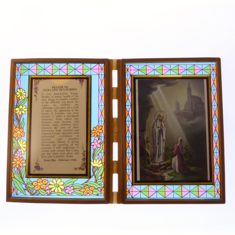Stained glass double frame plaque with Prayer to Our Lady of Lourdes and im