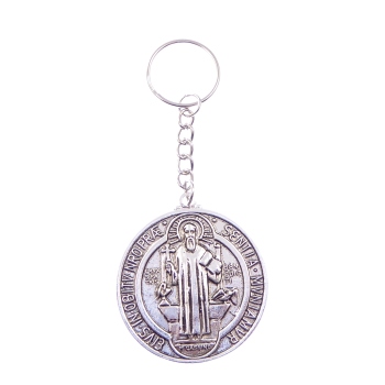 Silver round metal medal Saint St. Benedict keyring Catholic 4.5cm diameter