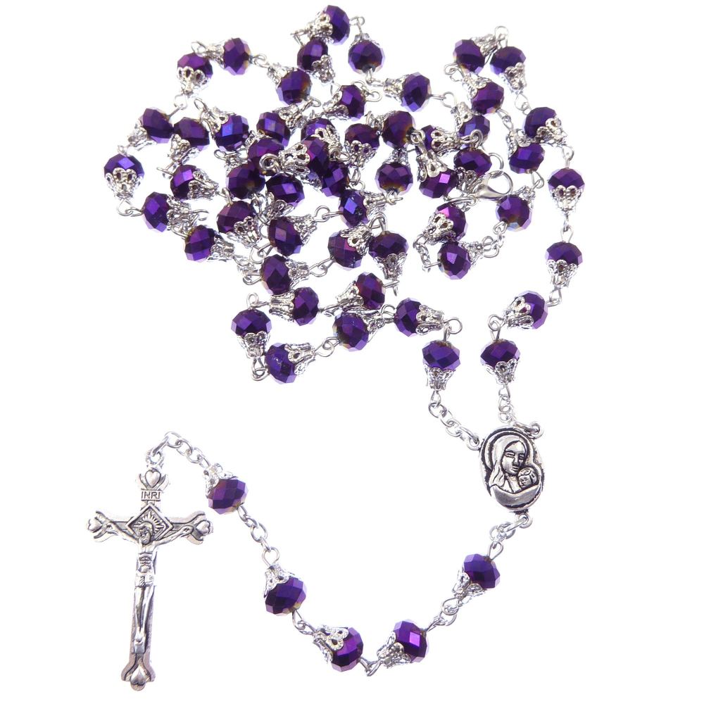 Dark purple petrol effect iridescent faceted glass rosary beads filigree ca