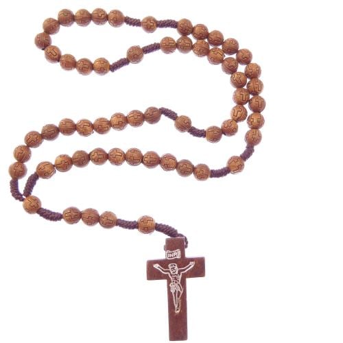 Small carved cross brown round wood 8mm cord rosary beads hand held prayer