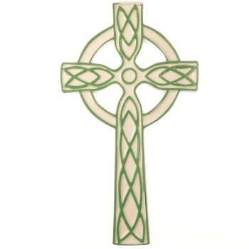 Ceramic white green celtic wall hanging cross 8" (19cm) gift Irish ornament