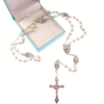 Silver Miraculous rosary beads Catholic gift + box Our Lady paters Catholic gift