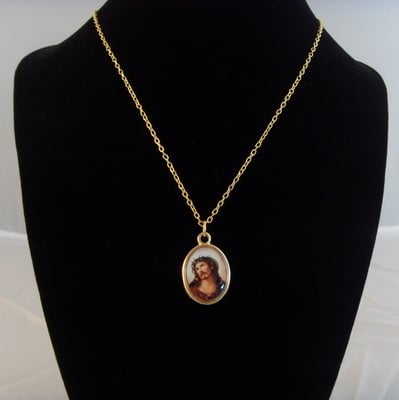 Gold metal Sacred Face of Jesus medal necklace - 17inch
